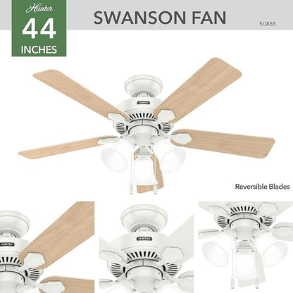 Hunter 44 inch Indoor Ceiling Fan with LED Lights - White Ceiling Fan with Pull Chain, For Bedroom, Living Room, or Kitchen, Standard Mount, No Remote, 5 Blades - Swanson 50885, Fresh White