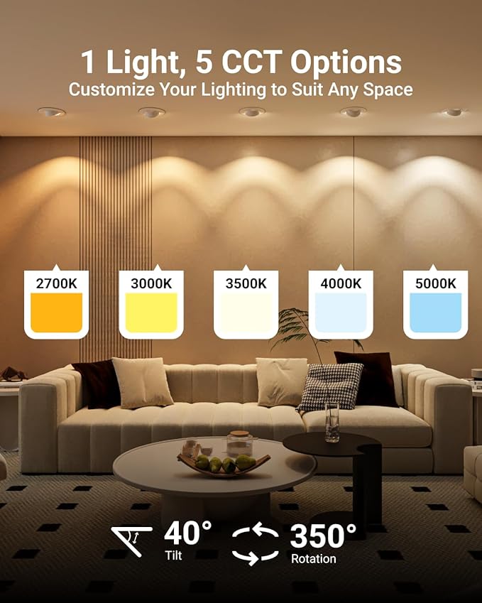 Sunco 6 Pack LED Can Lights Eyeball Retrofit Gimbal 5/6 Inch Recessed Lights, 12W=60W, 5 Colors (2700K/3000K/3500K/4000K/5000K), 800 LM, Directional Angled Trim Adjustable Ceiling Downlight, UL