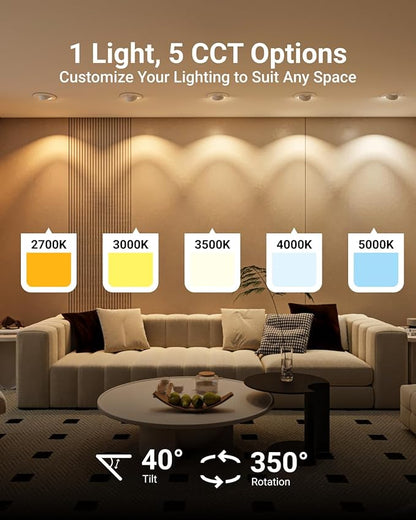 Sunco 6 Pack LED Can Lights Eyeball Retrofit Gimbal 5/6 Inch Recessed Lights, 12W=60W, 5 Colors (2700K/3000K/3500K/4000K/5000K), 800 LM, Directional Angled Trim Adjustable Ceiling Downlight, UL