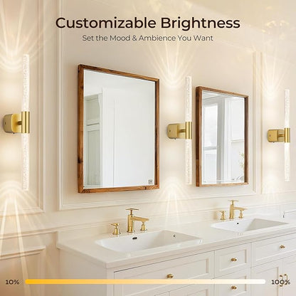 Battery Operated Wall Sconce Set of 2 Brushed Gold 12000mAh Rechargeable Wall Light with Crystal Acrylic 24" Wireless CCT Dimmable 350°Rotate Remote Wall Lamp for Bedroom Living Room