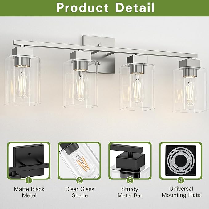 4 Light Bathroom Vanity Light - Brush Nickel Matte Vanity Lights Square Design & UL Certification & Square 26” Silver Bathroom Lights Fixture Over Mirror, Brush Nickel Light for Bedroom