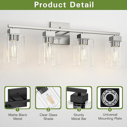 4 Light Bathroom Vanity Light - Brush Nickel Matte Vanity Lights Square Design & UL Certification & Square 26” Silver Bathroom Lights Fixture Over Mirror, Brush Nickel Light for Bedroom