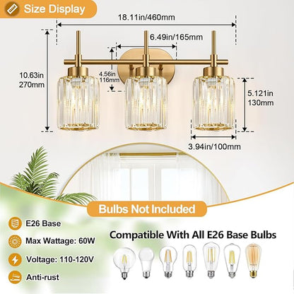 Modern Crystal Bathroom Vanity Light, 3-Light Brushed Gold Bathroom Light Fixtures with Clear Shades, Vanity Lighting Fixtures Over Mirror (Exclude Bulb)