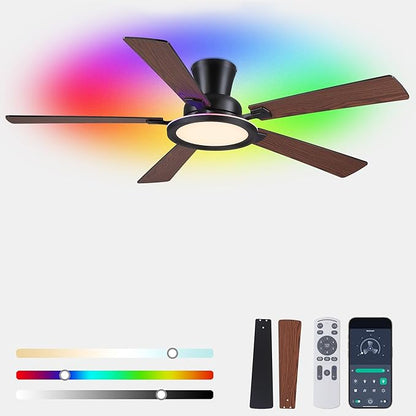 Ayaoty 52in Flush Mount Ceiling Fan with RGB Lights and Remote/APP, Low Profile RGB Ceiling Fan with 5 Reversible Blades, Dimming, Indoor Modern Fan Light Fixutre for Kid's Room, Bedroom, Brown