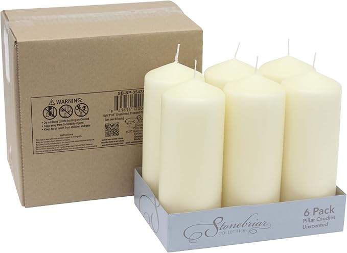 Stonebriar 80 Hour Long Burning Unscented Pillar Candles, 3x8, Ivory, 6 Count (Pack of 2)