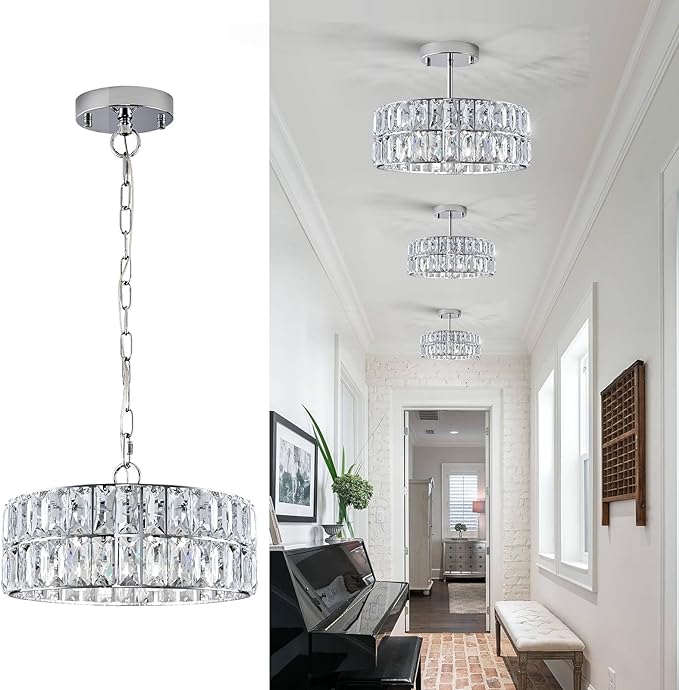 CATINER Chrome Crystal Chandeliers, Modern Semi Flush Mount Ceiling Light, Small 4-Ligh Round Crystal Hanging Pendant Light Fixtures,D12” for Dining Room Entryway Kitchen Hallway