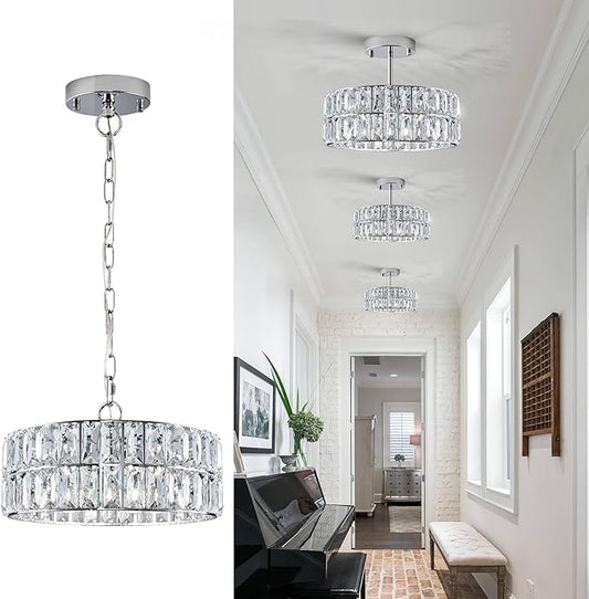 CATINER Chrome Crystal Chandeliers, Modern Semi Flush Mount Ceiling Light, Small 4-Ligh Round Crystal Hanging Pendant Light Fixtures,D12” for Dining Room Entryway Kitchen Hallway