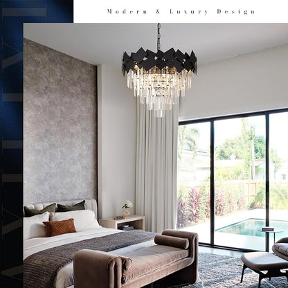 Black Crystal Chandelier Modern Round Chandelier Crystal Ceiling Pendant Light 24'' 5 Tiers Dining Room Chandelier over Table k9 Luxury Hanging Lamp Fixtures for Entryway Foyer Dining Room Bedroom