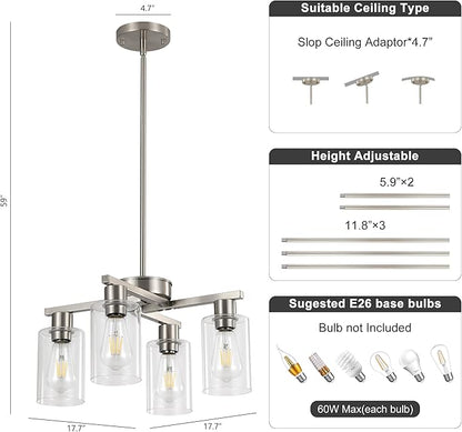 4-Light Brushed Nickel Dining Room Light Fixture, Modern Industrial Kitchen Chandelier Over Table, Adjustable Height Hanging Pendant Light for Kitchen Island, Entryway with Clear Glass Shade