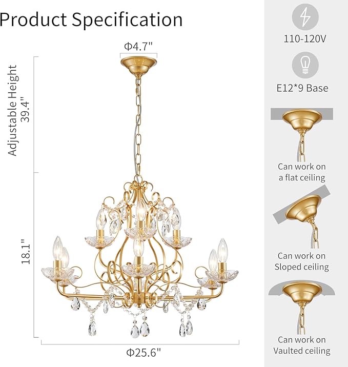 WUZUPS 9-Light Crystal Candle Chandelier Pendant Flushmount Ceiling Light Modern Lighting Fixture for Bedroom Hallway Bar Kitchen Bathroom, H 18.1" x W 25.6", Gold, E12 Base