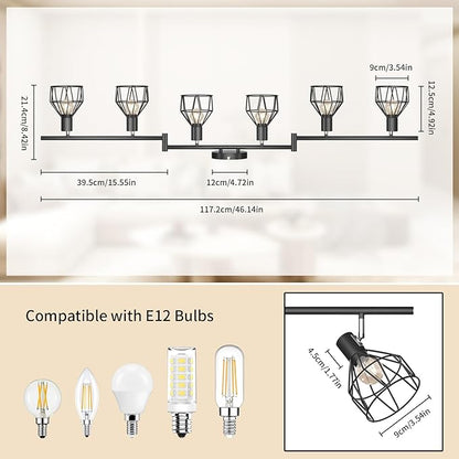 GORDNWE 6-Light Track Kits, Adjustable Track Fixtures - E12 Metal Wire Cage Retro Ceiling Lighting - Black for Kitchen, Living Room, Bedroom