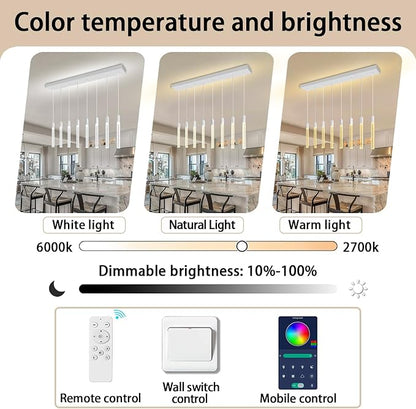 8-Light Silver Rectangular LED Chandelier, Bubble Crystal Column Chandeliers, Modern Dimmable Adjustable Height Hanging Light for Kitchen Island, Over Dining Room Table