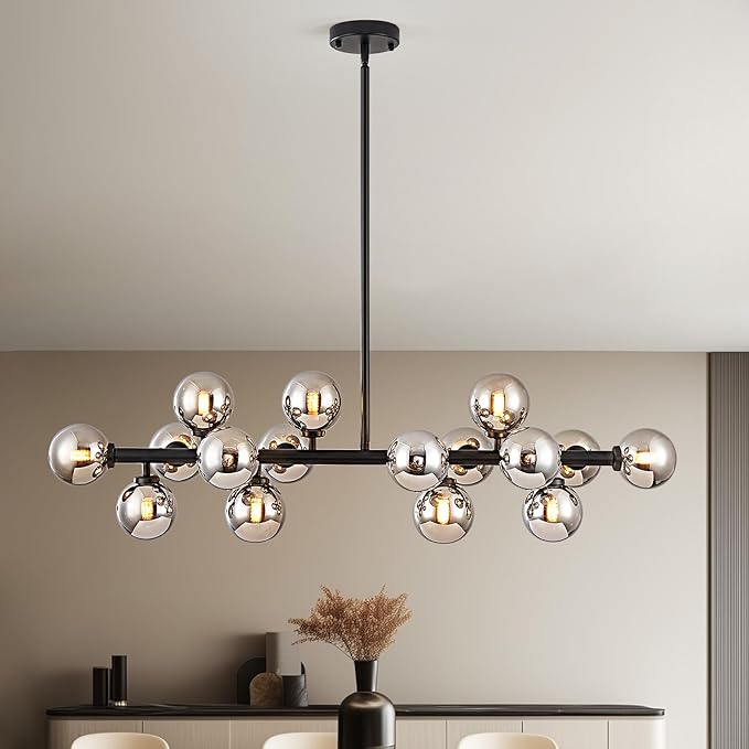 16-Light Globe Sputnik Chandelier, Mid Century Modern Light Fixture Over Table, Black Linear Chandeliers for Dining Room and Kitchen Island (Smoke Grey Glass Bubble Shades, 40 Inch)