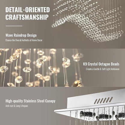 Siljoy Modern Wave Crystal Chandelier for Dining Room 10 Lights Luxury Rectangular Flush Mount Crystal Ceiling Light for Living Room Kitchen Island Length 40 Inch
