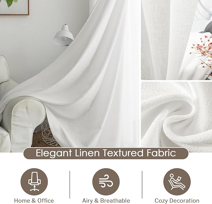 Melodieux Ivory Semi Sheer Curtains 63 Inch Length for Bedroom Living Room, Farmhouse Linen Texture Light Filtering Home Office Shiny Sheer Drapes Rod Pocket, 52" W x 63" L, 2 Panels