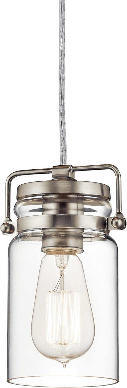 Kichler Brinley 7.75" Kitchen Pendant in Brushed Nickel, Mini Farmhouse Pendant with Clear Glass, (7.75" H x 4.75" W), 42878NI, 1-Light