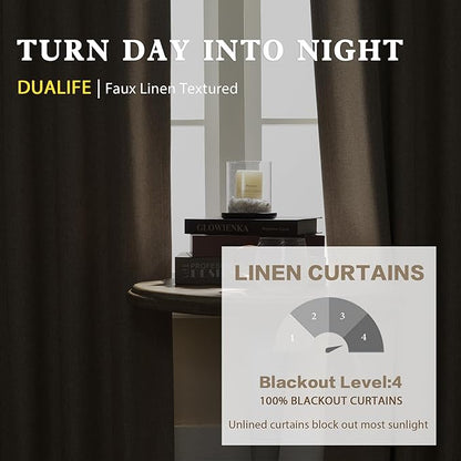 DUALIFE Taupe Linen Curtain 84 Inches Long for Bedroom/Living Room Thermal Insulated Sun Block Out Back Tab and Rod Pocket Dining Room Curtains Drapes 2 Panels - Taupe Tan,W50 x L84