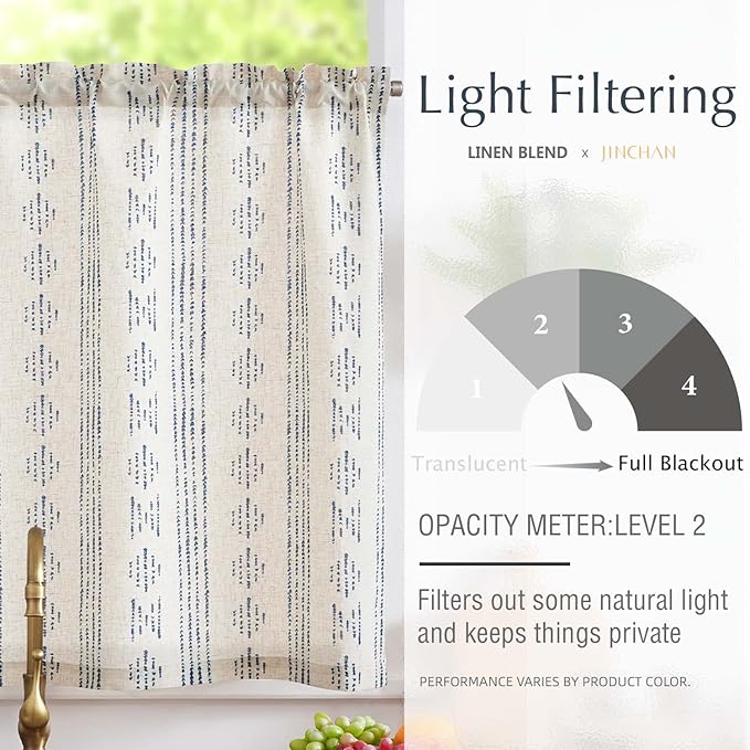 jinchan Boho Kitchen Curtain Linen Tier Curtain Bohemian Cafe 24 Inch Geometric Striped Small Window Drape Light Filtering Farmhouse Country Rustic for Bathroom RV 1 Panel Blue on Beige