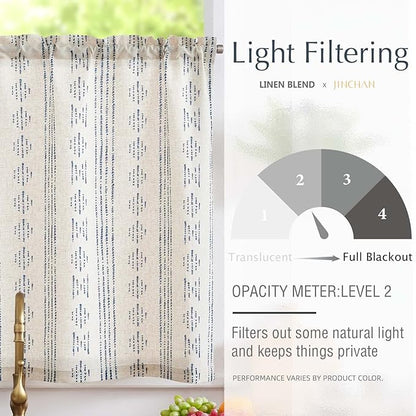 jinchan Boho Kitchen Curtain Linen Tier Curtain Bohemian Cafe 24 Inch Geometric Striped Small Window Drape Light Filtering Farmhouse Country Rustic for Bathroom RV 1 Panel Blue on Beige