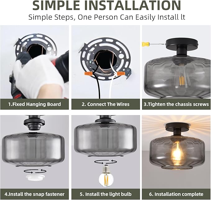 Glass Semi Flush Mount Ceiling Light, Modern Close to Ceiling Light Fixtures with Smoke Grey Glass Shade, Light Fixtures Ceiling Mount for Bathroom Dining Room Bedroom Living Room Hallway, E26 Base