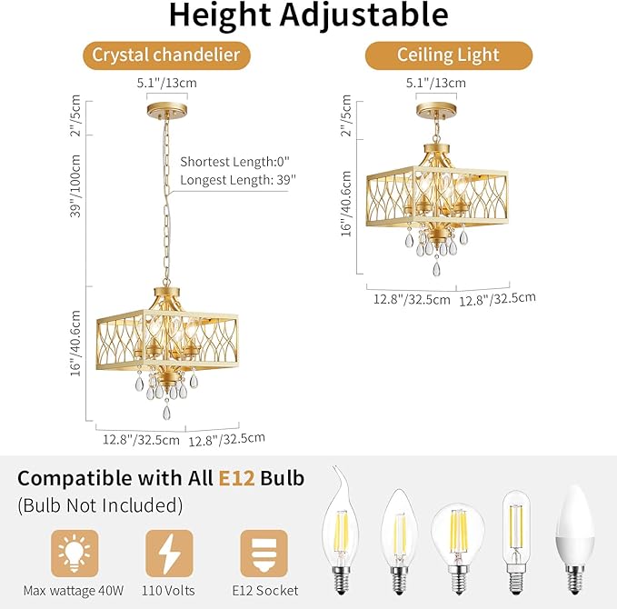 Farmhouse Crystal Chandelier Gold Modern K9 Crystal Ceiling Chandelier Lighting Fixture, Hanging Pendant Light Fixture, Kitchen Island Lighting for Dining Room Living Room Entryway Bedroom Hallway