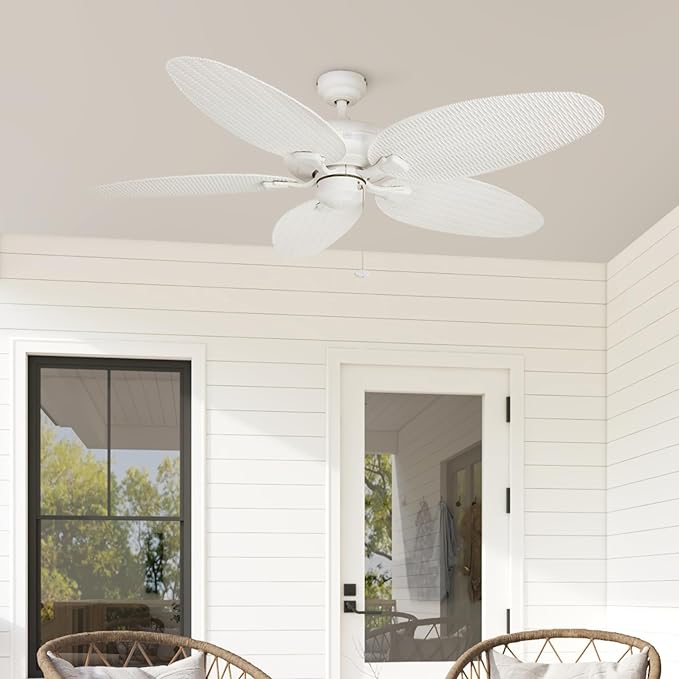 Honeywell Ceiling Fans Duval 52 Inch Ceiling Fan, Quick 2 Hang Indoor/Outdoor Ceiling Fan with Pull Chain, Dual Mount 5 Blade Tropical Design, ETL Damp Rated, White (50206-01)
