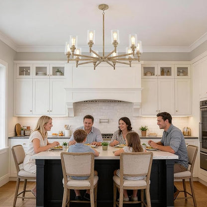 Large Farmhouse Chandelier, 10 Light Rustic Chandeliers for Dining Room Light Fixtures Over Table | Fake Wood Hanging Lighting with Clear Glass Cover for Living Room | Kitchen | Foyer