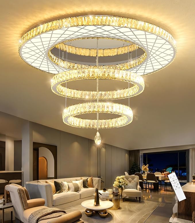 HAIXIANG Crystal Glam Chandelier LED Ceiling Light Living Room Lighting Fixtures Remote Dimmable Ceiling Chandeliers Silver 40 Inches Large Light