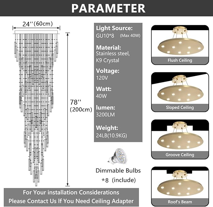 78'' Modern Crystal Chandelier High Ceiling Chandeliers for Entryway Large Raindrop Chandeliers LED Dimmable Flush Mount Light Fixtures for Staircaes Foyer Hallway Living Room LED Bulbs Included Gold