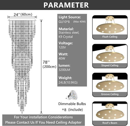 78'' Modern Crystal Chandelier High Ceiling Chandeliers for Entryway Large Raindrop Chandeliers LED Dimmable Flush Mount Light Fixtures for Staircaes Foyer Hallway Living Room LED Bulbs Included Gold