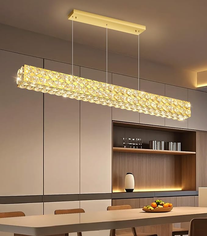 47'' Modern Crystal Chandelier for Dining Room Ceiling Light Fixture for Living Room Hallway Lighting LED Dimmable with Remote Gold