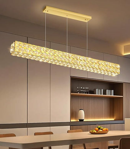 47'' Modern Crystal Chandelier for Dining Room Ceiling Light Fixture for Living Room Hallway Lighting LED Dimmable with Remote Gold