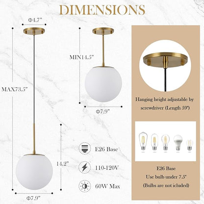 Milk Globe Pendant Light, Mid Century Modern Ceiling Hanging Lights Fixture with Height Adjustable, Brass Gold Pendant Lighting for Kitchen Island, Hallway, Dining Room, Living Room (1 Pack)