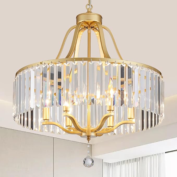 6-Light Crystal Gold Chandeliers for Dining Room 22 Inch Modern Farmhouse Chandelier Large Pendant Lighting Fixture Round Hanging Lamp for Living Room Kitchen Island Hallway Bedroom Foyer Hall