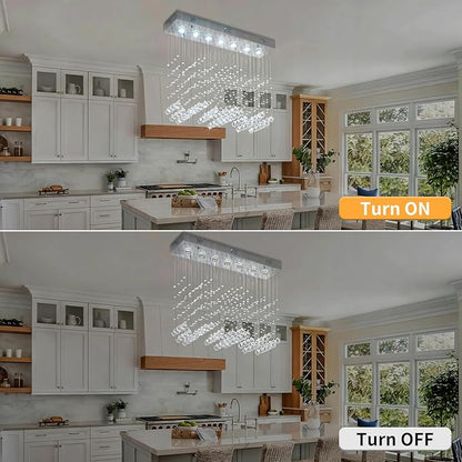 Crystal Chandelier Modern Chandelier 7-Light Rectangular Deluxe Wave Chandelier Ceiling Light Fixture Raindrop Chrome Flush Mount Pendant Lamp for Kitchen Island Bedroom Dining Room