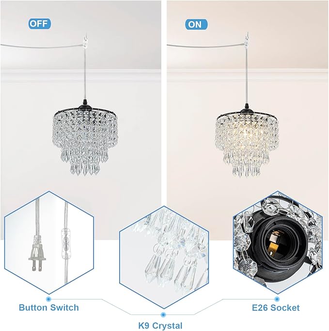 8" Chandelier Plug in Crystal Chandelier Pendant Light Plug in with 16.4ft Cord Hanging Lights 3-Tier Crystal Raindrop Chandeliers for Bedroom Kitchen Island Hallway Bathroom Closet (Black)