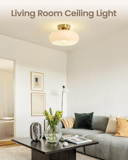 Yunnix Semi Flush Mount Ceiling Light, Milk Glass Light Fixture, Gold Mid-Century Modern Farmhouse Small Light Fixtures for Hallway, Bathroom, Kitchen, Bedroom, Living Room, Closet, Laundry(8.66 Inch)