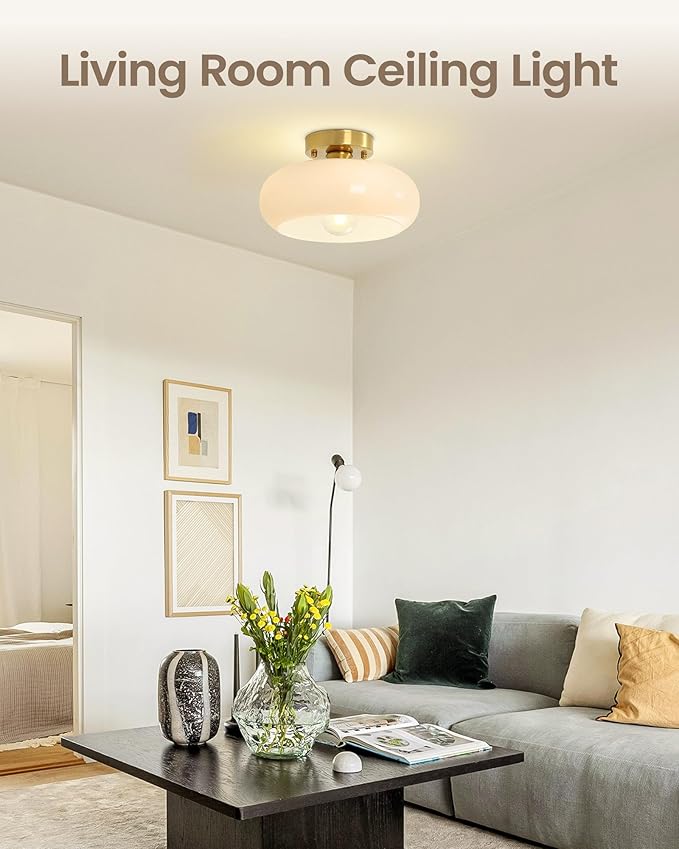 Yunnix Semi Flush Mount Ceiling Light, Gold Light Fixture, Mid-Century Modern Farmhouse Milk Glass Small Light Fixtures for Hallway, Bathroom, Kitchen, Bedroom, Living Room, Closet, Laundry(11 Inch)