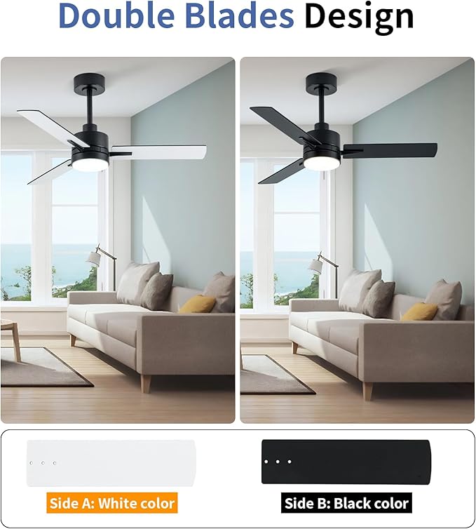 LANMEL 42 Inch Metal Ceiling Fan with Light, Modern Flush Mount Low Profile with Remote Control, Reversible, 3cct Dimmable, Quiet, Black LED for Bedroom, Living Room, Indoor/Outdoor Patio Use