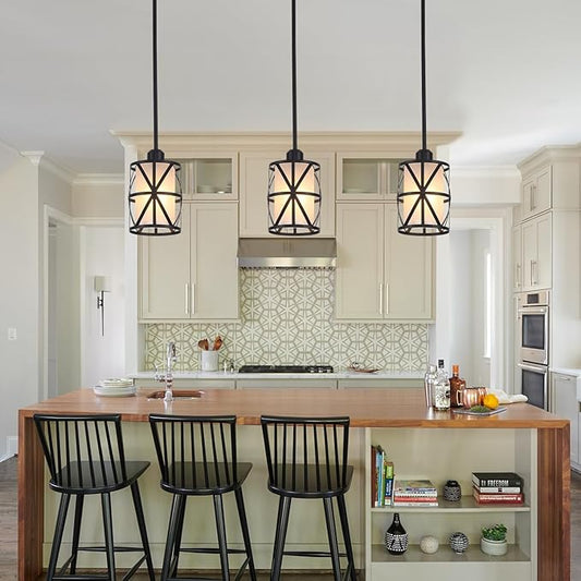 3 Pack Pendant Light Kitchen Island Pendant Light, Stem Rod Hanging Light with Spiral Cage Frosted Glass Shade, Black Modern Indoor Hanging Lamp