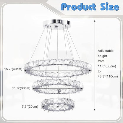 Crystal Chandeliers Modern LED 3 Ring Chandelier Adjustable Ceiling Light Fixtures Pendant Lighting Stainless Steel Hanging Lights for Living Room Dining Room Bathroom Bedroom, Cold White (Round)