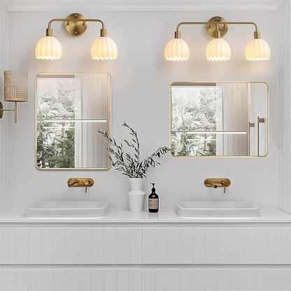 Brushed Gold 3-Light Vanlity Light Over Mirror,Wall Sconces,Gold Brass Bathroom Light Fixture with White Glass Flower Shade,E26 Socket(Bulbs Not Included)