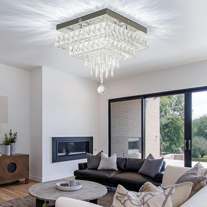 Finktonglan 13" Dimmable Crystal Ceiling Light with Remote & App, Modern Square Flush Mount Chandelier, Adjustable Brightness & 3 Color Modes, 36W for Bedroom Entryway Hallway Living Room