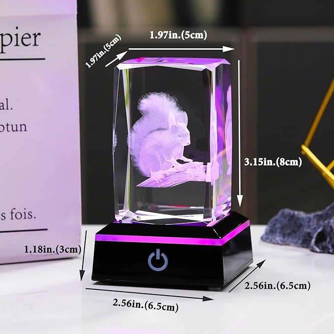 YWHL 3D Crystal Squirrel Figurine with Colorful Light Base, Laser Engraved Squirrel Gifts for Women Men on Birthday Christmas, Animal Figurine Collection for Home Decor