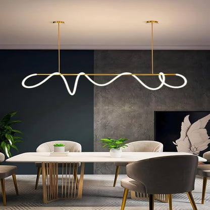 Modern Dimmable Desk Linear Pendant Light, with Remote 3 Color Mode & Brightness Ring Chandelier, 47 in Dining Room Ceiling Lamp Fixture, Gold Restaurant Kitchen Long Hose Lamp