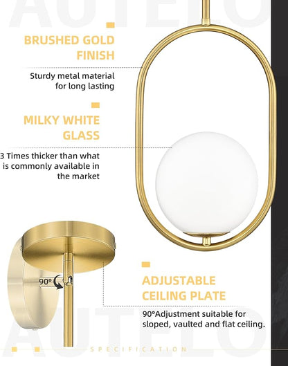 AUTELO Gold Pendant Lights, 1-Light Pendant Lights Kitchen Island in Brushed Gold Finish with Milky White Globe Glass, Mid Century Pendant Light Fixtures, Gold Hanging Lights for Kitchen H9376 MGBG