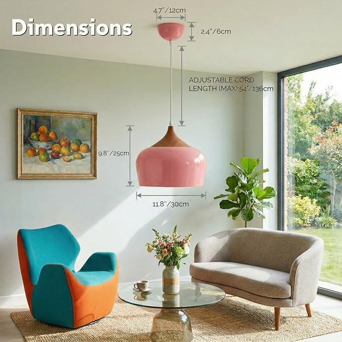 Modern Pendant Light Fxtures Kitchen, Hanging Light Fixtures Ceiling Mount, Wood Metal Shade Pendant Lamp for Dining Room, Bedroom, Living Room, Bathroom, Entryway, Small Chandelier, Pink