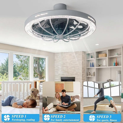 Socket Fan Light with Remote, 13 inch Socket Ceiling Fan with Dimmable Led Light, 3 Colors 3000K-6500K, 3 Speeds, Flush Mount Ceiling Fans with Lights for Bedroom, Kitchen, Living Room-Gery