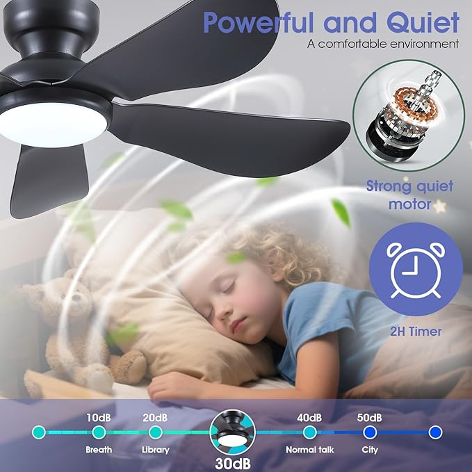 Kviflon 46 Inch Modern Ceiling Fans with Lights, Flush Mount Ceiling Fan with Light and Remote/APP Control, 5 Reversible 6 Speeds Curved Blades, 3 CCT Dimmable Lights for Bedroom, Black