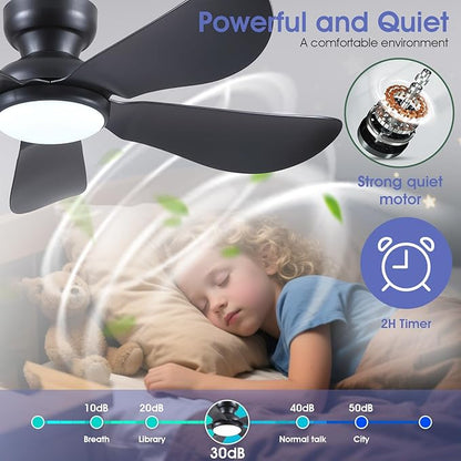 Kviflon 46 Inch Modern Ceiling Fans with Lights, Flush Mount Ceiling Fan with Light and Remote/APP Control, 5 Reversible 6 Speeds Curved Blades, 3 CCT Dimmable Lights for Bedroom, Black